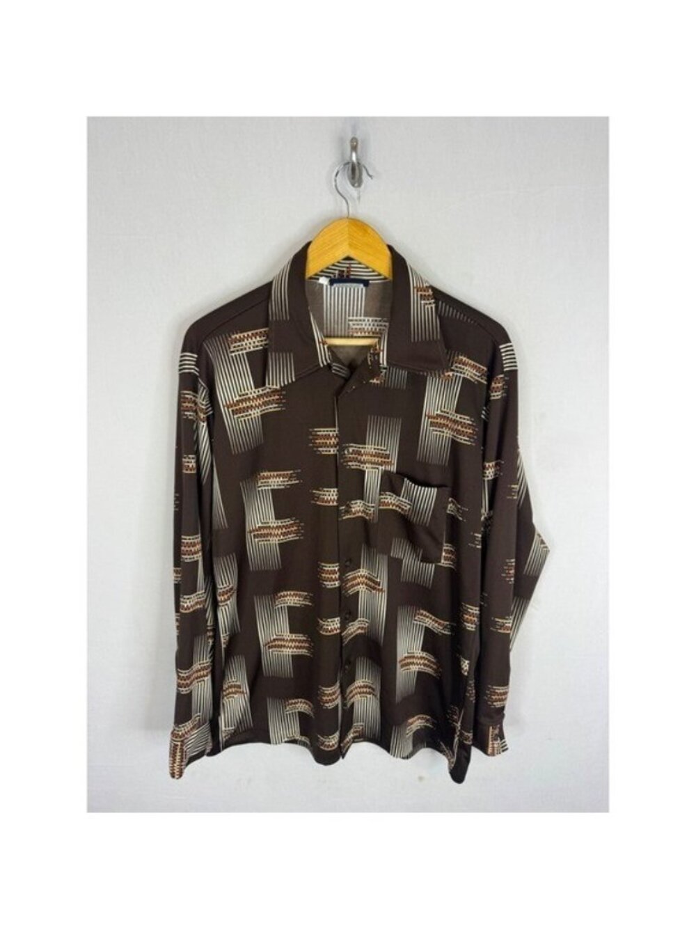 Vintage Arrow Canada Mens XL Brown Geometric Disco Print Button Down Shirt 70s